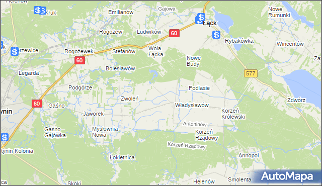 mapa Kościuszków gmina Łąck, Kościuszków gmina Łąck na mapie Targeo