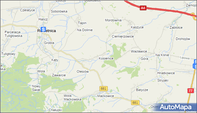 mapa Kosienice, Kosienice na mapie Targeo