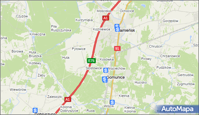 mapa Kosówka gmina Gomunice, Kosówka gmina Gomunice na mapie Targeo