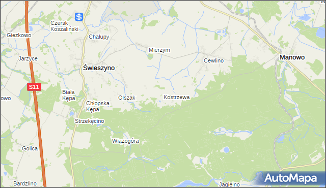 mapa Kostrzewa gmina Manowo, Kostrzewa gmina Manowo na mapie Targeo