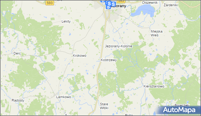 mapa Kostrzewy gmina Jeziorany, Kostrzewy gmina Jeziorany na mapie Targeo