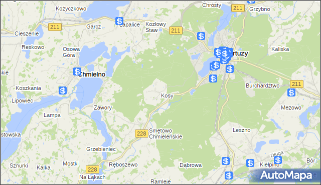 mapa Kosy gmina Kartuzy, Kosy gmina Kartuzy na mapie Targeo