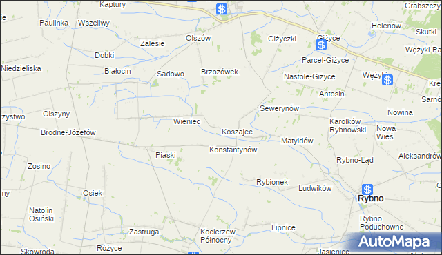 mapa Koszajec gmina Rybno, Koszajec gmina Rybno na mapie Targeo