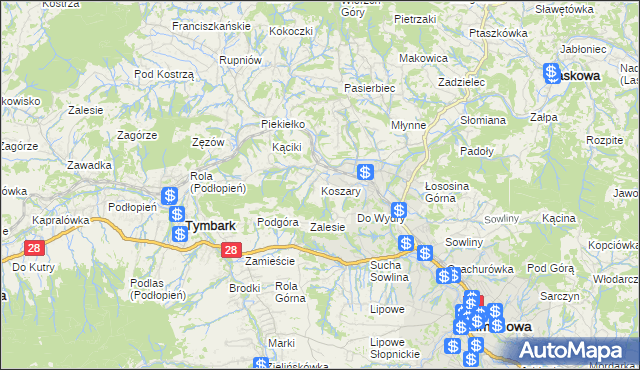 mapa Koszary gmina Limanowa, Koszary gmina Limanowa na mapie Targeo