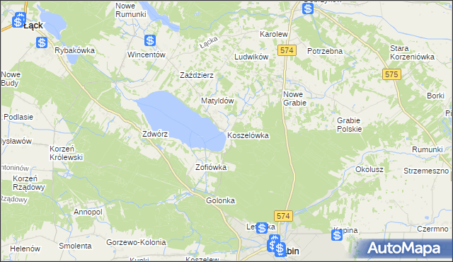 mapa Koszelówka gmina Łąck, Koszelówka gmina Łąck na mapie Targeo