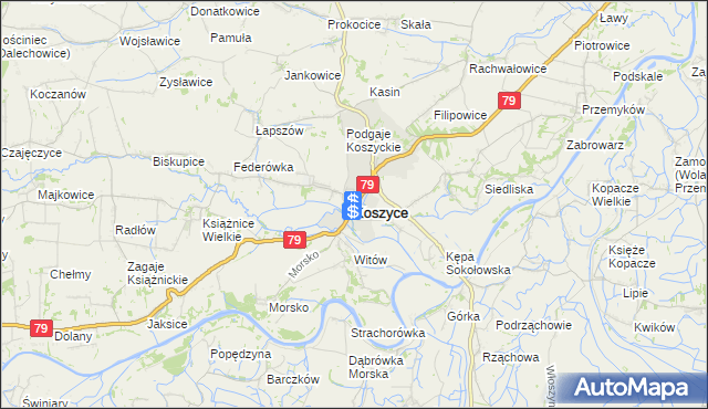 mapa Koszyce powiat proszowicki, Koszyce powiat proszowicki na mapie Targeo