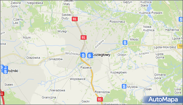 mapa Koziegłowy powiat myszkowski, Koziegłowy powiat myszkowski na mapie Targeo