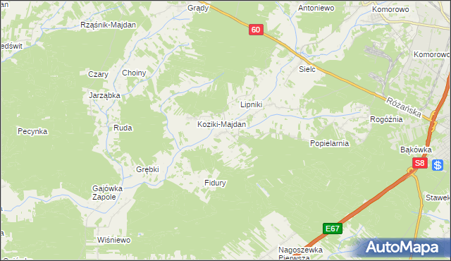 mapa Koziki gmina Ostrów Mazowiecka, Koziki gmina Ostrów Mazowiecka na mapie Targeo