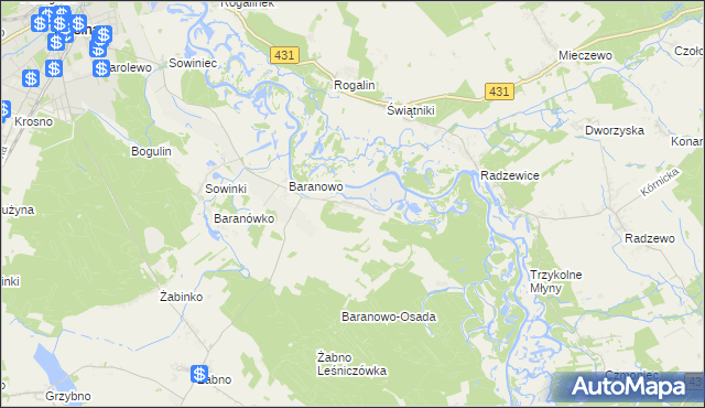 mapa Krajkowo gmina Mosina, Krajkowo gmina Mosina na mapie Targeo