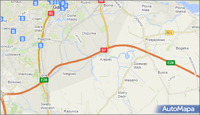 mapa Krępiec gmina Pruszcz Gdański, Krępiec gmina Pruszcz Gdański na mapie Targeo
