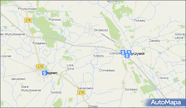 mapa Krężoły gmina Ryczywół, Krężoły gmina Ryczywół na mapie Targeo