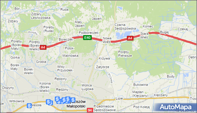 mapa Krzywa gmina Sędziszów Małopolski, Krzywa gmina Sędziszów Małopolski na mapie Targeo