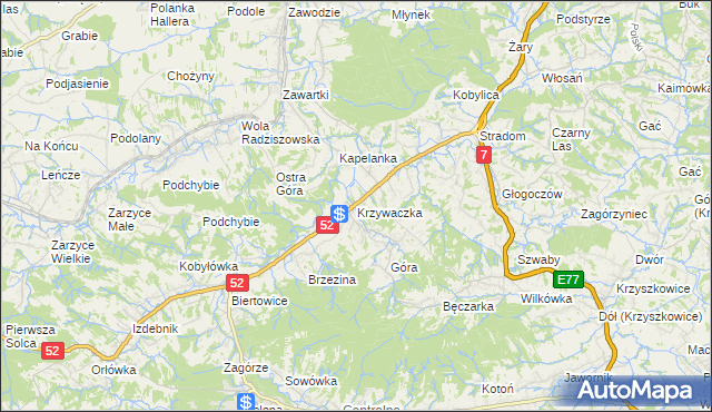mapa Krzywaczka, Krzywaczka na mapie Targeo