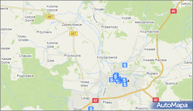 mapa Krzyżanowice gmina Gorzów Śląski, Krzyżanowice gmina Gorzów Śląski na mapie Targeo