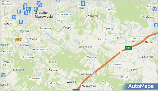 mapa Książenice gmina Grodzisk Mazowiecki, Książenice gmina Grodzisk Mazowiecki na mapie Targeo