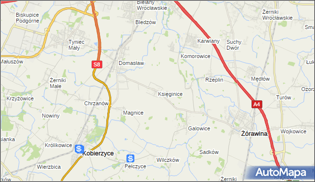 mapa Księginice gmina Kobierzyce, Księginice gmina Kobierzyce na mapie Targeo