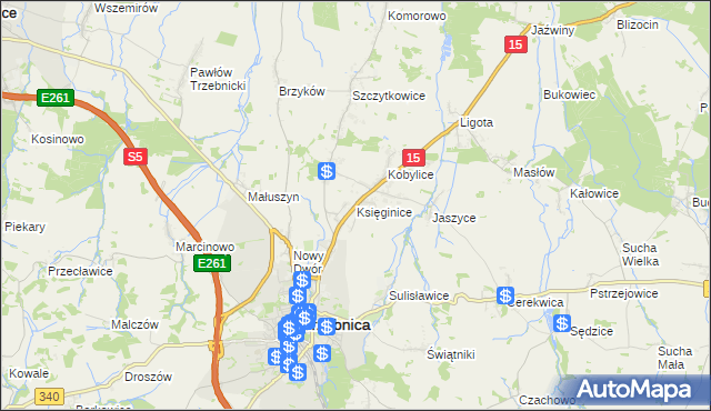 mapa Księginice gmina Trzebnica, Księginice gmina Trzebnica na mapie Targeo