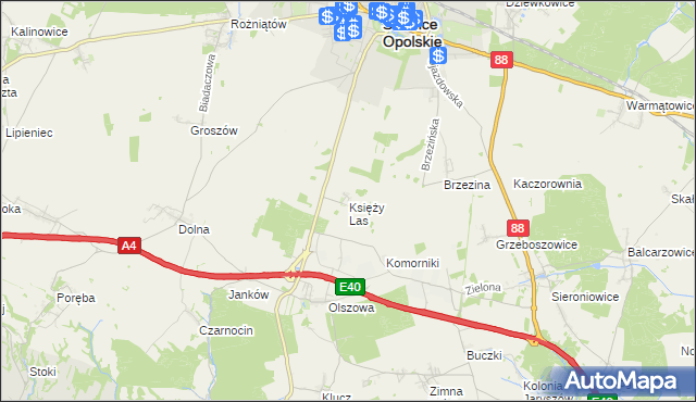 mapa Księży Las gmina Ujazd, Księży Las gmina Ujazd na mapie Targeo