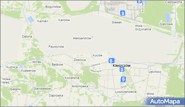 mapa Kuców gmina Kleszczów, Kuców gmina Kleszczów na mapie Targeo