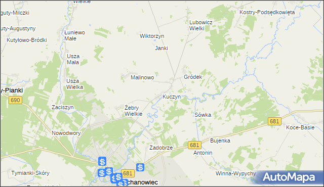 mapa Kuczyn gmina Klukowo, Kuczyn gmina Klukowo na mapie Targeo