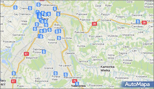 mapa Kunów gmina Chełmiec, Kunów gmina Chełmiec na mapie Targeo