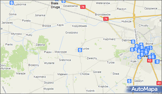 mapa Kurów gmina Wieluń, Kurów gmina Wieluń na mapie Targeo