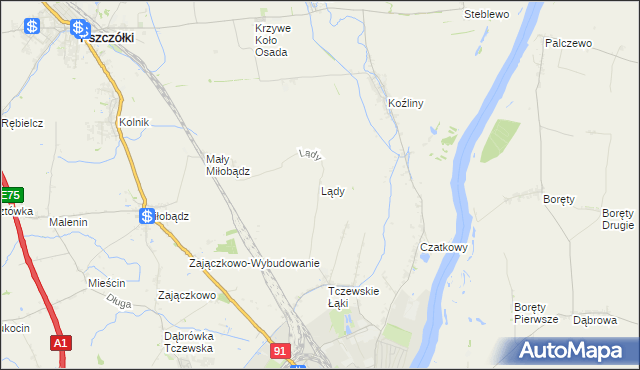 mapa Lądy gmina Tczew, Lądy gmina Tczew na mapie Targeo