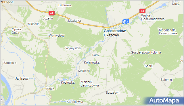 mapa Łany gmina Gościeradów, Łany gmina Gościeradów na mapie Targeo