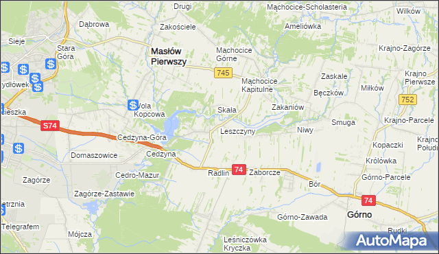 mapa Leszczyny gmina Górno, Leszczyny gmina Górno na mapie Targeo