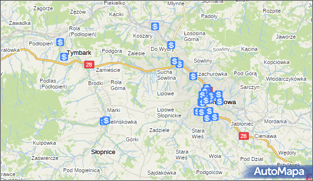 mapa Lipowe gmina Limanowa, Lipowe gmina Limanowa na mapie Targeo