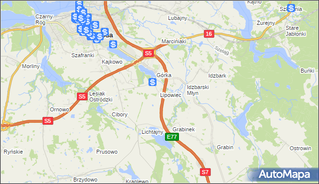 mapa Lipowiec gmina Ostróda, Lipowiec gmina Ostróda na mapie Targeo