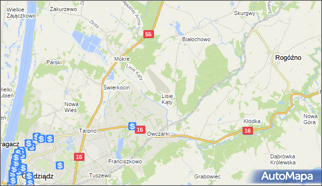 mapa Lisie Kąty gmina Grudziądz, Lisie Kąty gmina Grudziądz na mapie Targeo