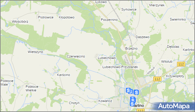 mapa Lubiechowo gmina Karlino, Lubiechowo gmina Karlino na mapie Targeo