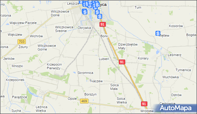 mapa Lubień gmina Łęczyca, Lubień gmina Łęczyca na mapie Targeo