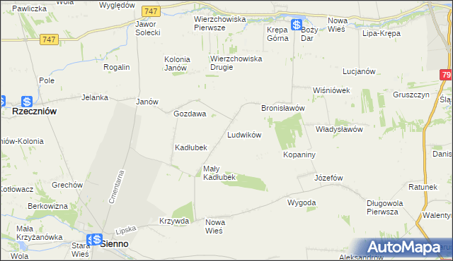 mapa Ludwików gmina Sienno, Ludwików gmina Sienno na mapie Targeo
