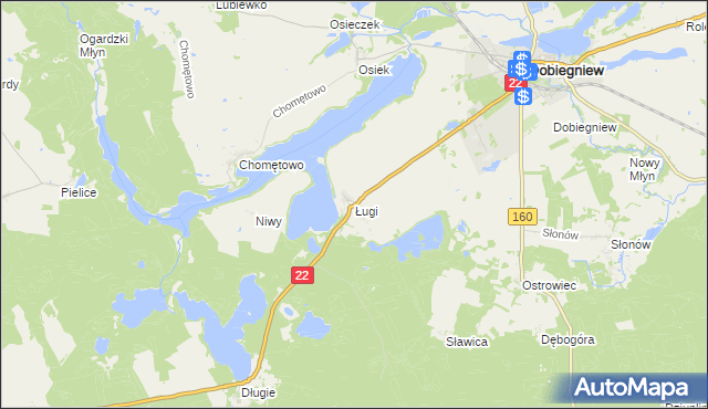 mapa Ługi gmina Dobiegniew, Ługi gmina Dobiegniew na mapie Targeo