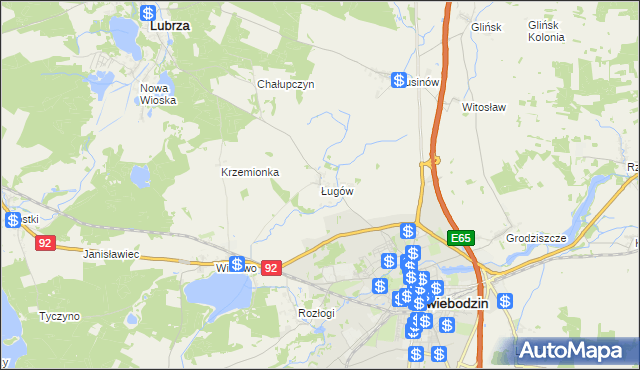 mapa Ługów gmina Świebodzin, Ługów gmina Świebodzin na mapie Targeo