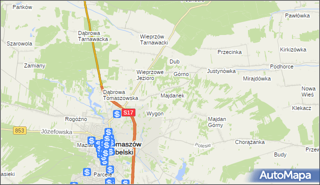 mapa Majdanek gmina Tomaszów Lubelski, Majdanek gmina Tomaszów Lubelski na mapie Targeo