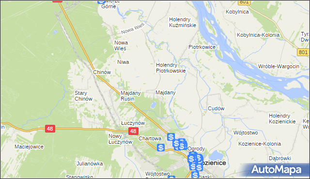 mapa Majdany gmina Kozienice, Majdany gmina Kozienice na mapie Targeo