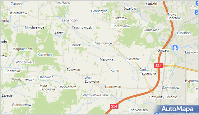 mapa Majówka gmina Pabianice, Majówka gmina Pabianice na mapie Targeo