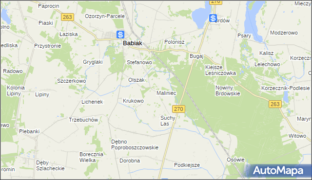 mapa Maliniec gmina Babiak, Maliniec gmina Babiak na mapie Targeo