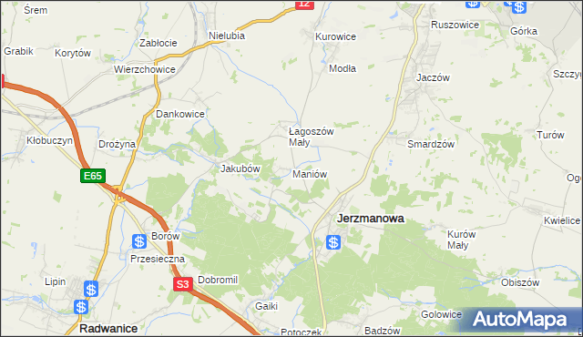 mapa Maniów gmina Jerzmanowa, Maniów gmina Jerzmanowa na mapie Targeo