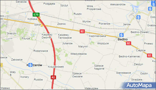 mapa Marynin gmina Bedlno, Marynin gmina Bedlno na mapie Targeo