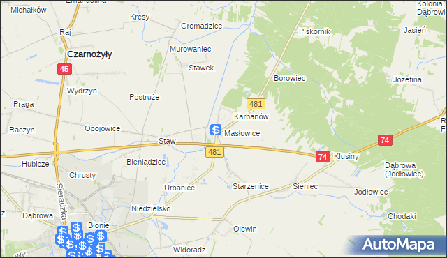 mapa Masłowice gmina Wieluń, Masłowice gmina Wieluń na mapie Targeo