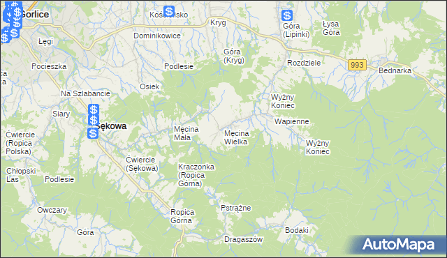 mapa Męcina Wielka, Męcina Wielka na mapie Targeo