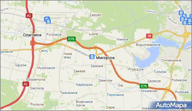 mapa Mierzęcice, Mierzęcice na mapie Targeo