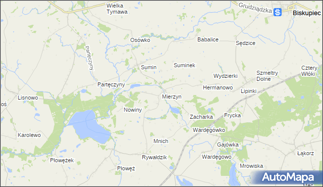 mapa Mierzyn gmina Biskupiec, Mierzyn gmina Biskupiec na mapie Targeo