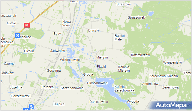 mapa Mierzyn gmina Rozprza, Mierzyn gmina Rozprza na mapie Targeo