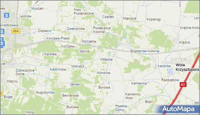 mapa Miłaków gmina Wola Krzysztoporska, Miłaków gmina Wola Krzysztoporska na mapie Targeo
