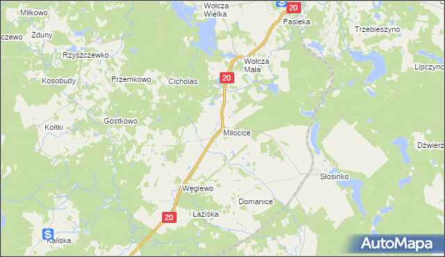 mapa Miłocice gmina Miastko, Miłocice gmina Miastko na mapie Targeo